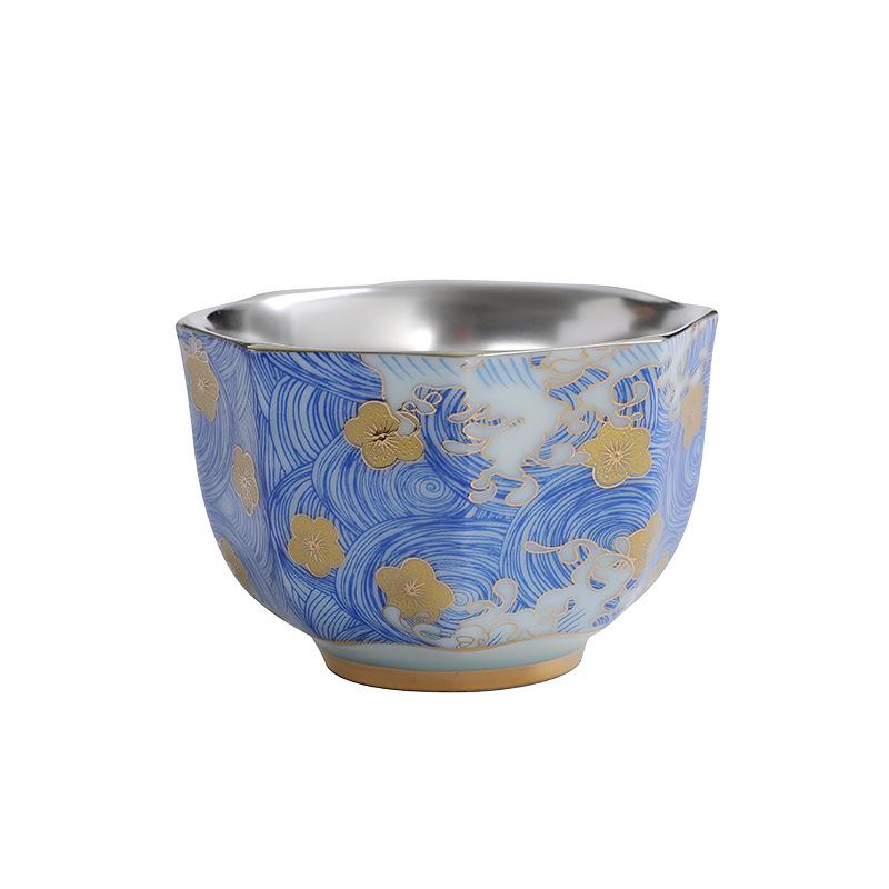 Sterling Silver & Ceramic Gilded Teacup - Kung Fu Style Master Tasting Cup Business Gift