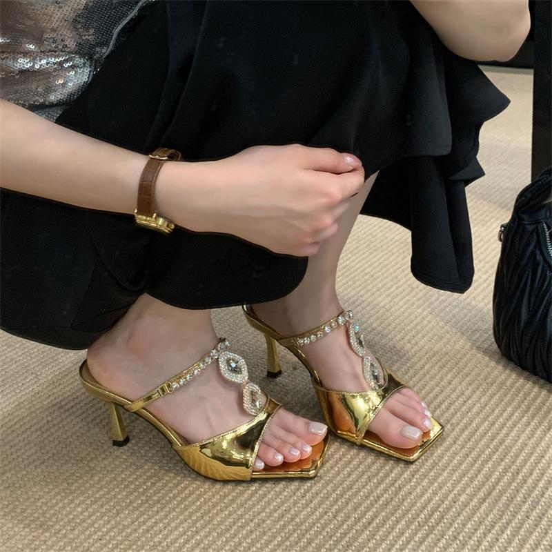 Slippers French Style Vintage Gold Square Toe Elegant High Heels SummerThinBeltGem Thin Heel Open ToeSandals