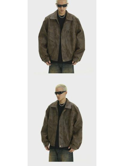 Men's Trendy Retro Brown Distressed Leather Jacket - Cool Design, Casual Lapel, Perfect for Couples