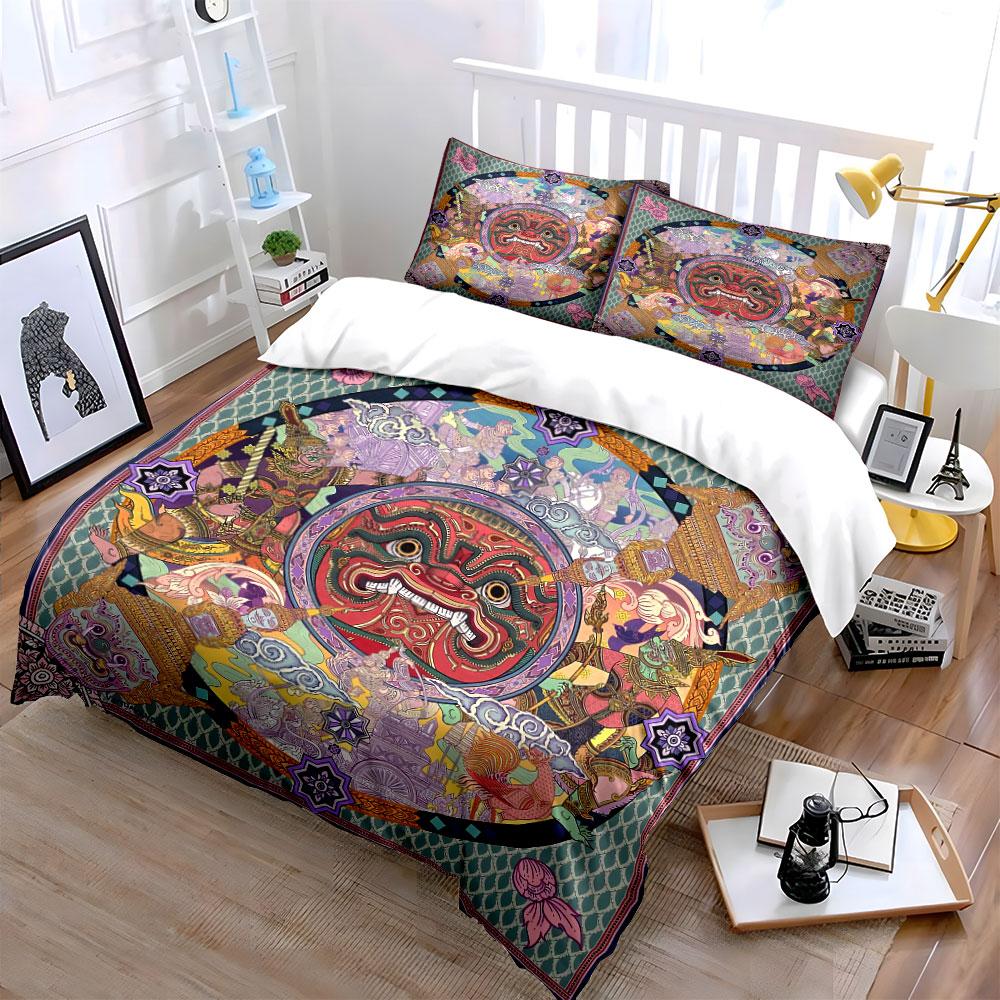 3Pcs Thai Yaksha Mask Bedding Set, Traditional Khon Mask Print Duvet Cover + 2 Pillowcases, Cultural Ethnic Decor