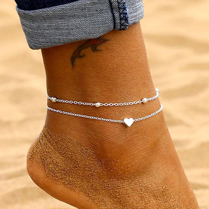 

Women S Double Bohemian Heart Anklet Love Personality Simple Layered Summer Beach Foot Ankle Bracelet Leg Chain