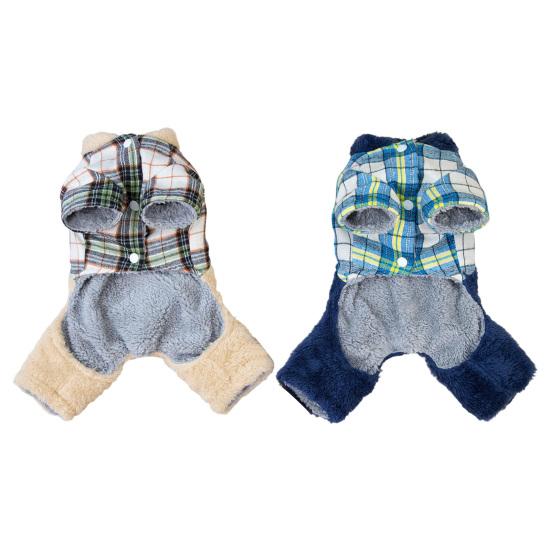 jijijing Fuzzy Bear Dog Jumpsuit, Cute Plaid Outfit, Warm 4-Legged Apparel, Plush Lined Cozy Onesie Clothes for Small Autumn Winter