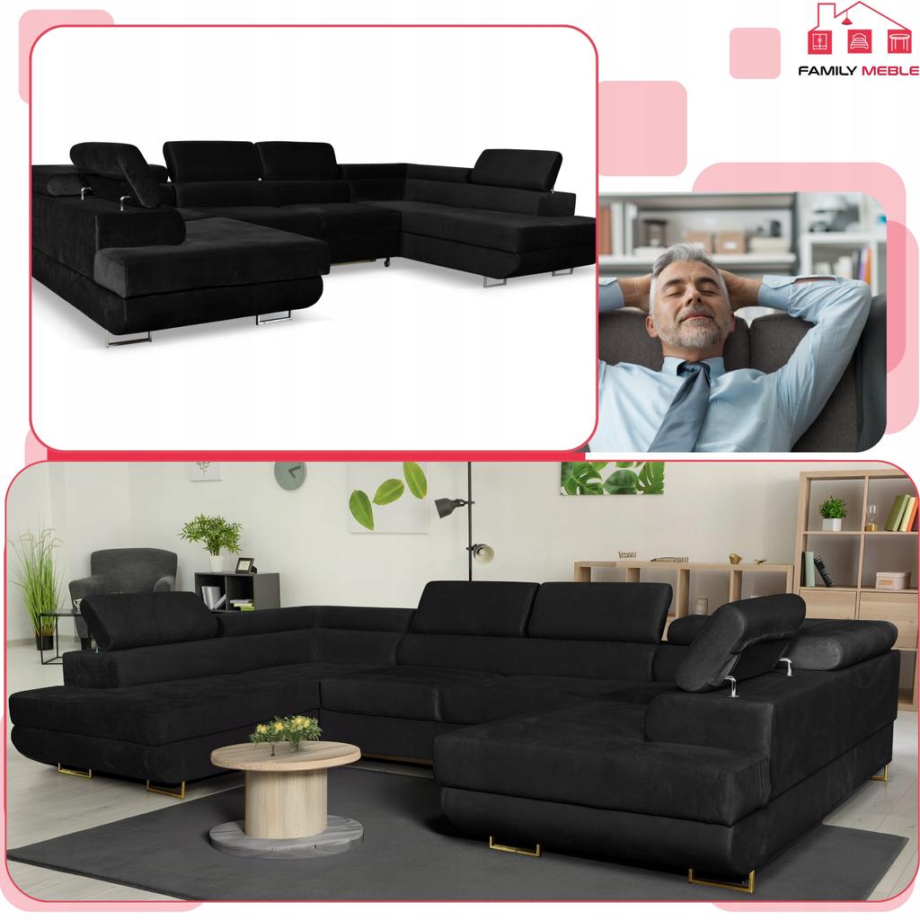 Narożnik kształt U rozkładany f. spania Bosso Family meble czarny welur