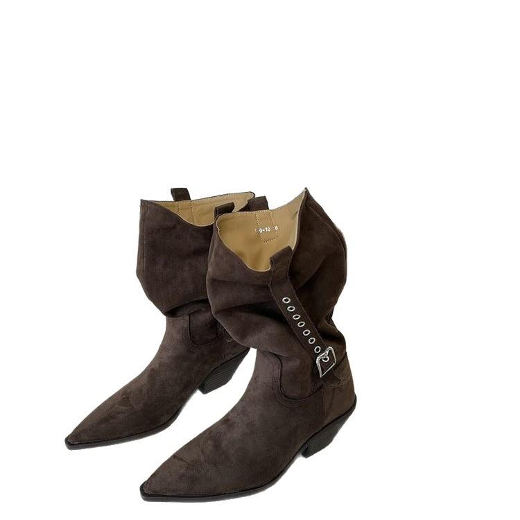 Women's Fashion 2025 Pointed Heel Coarse Heel Versatile Medium Boots Stacking Boots French Western Boots Casual Fashion Boots