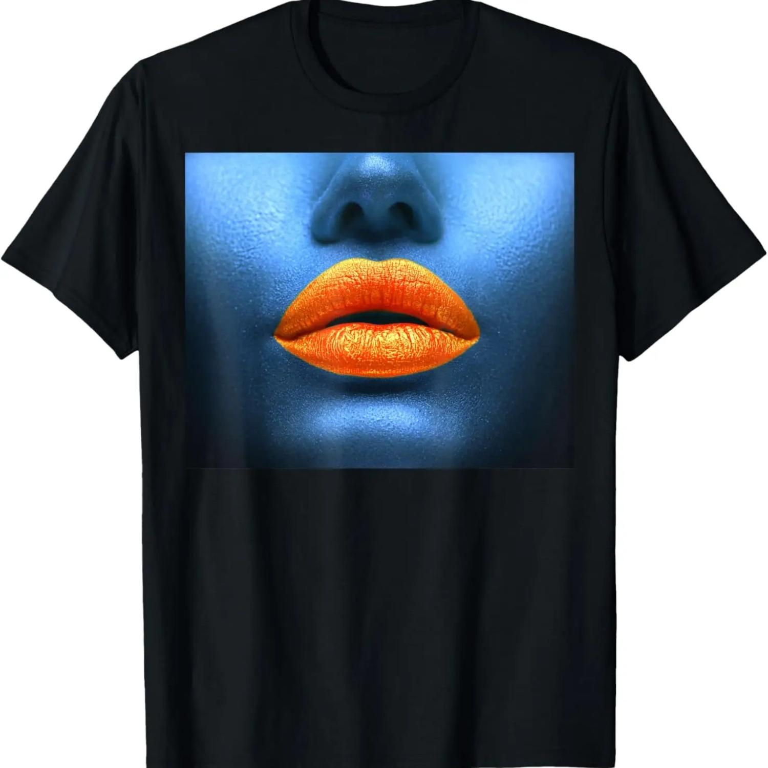 Женская, мужская и детская сине-оранжевая футболка с графическим принтом губ S чёрный