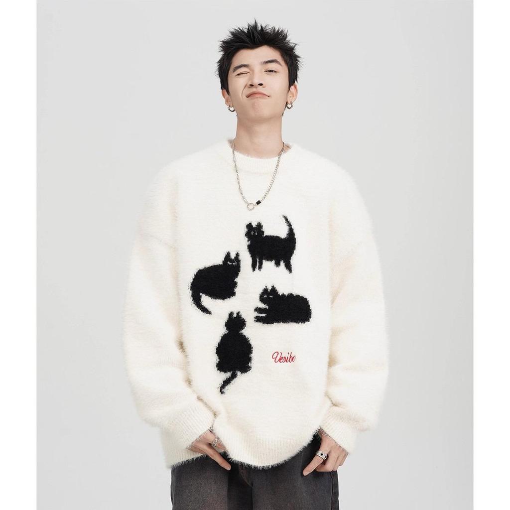 Men's Cartoon Cat Mohair Winter Sweater: American Style Loose Casual Round Neck Knitwear Cardigan