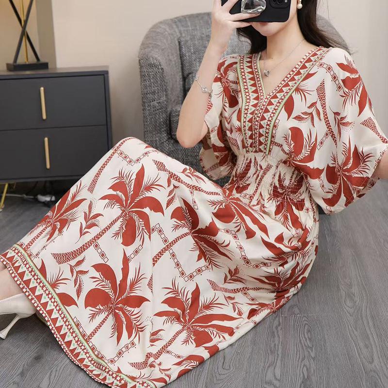 25th Anniversary Ethnic V-Neck Rayon Short Sleeve French-Thai Print Holiday Dress for Women