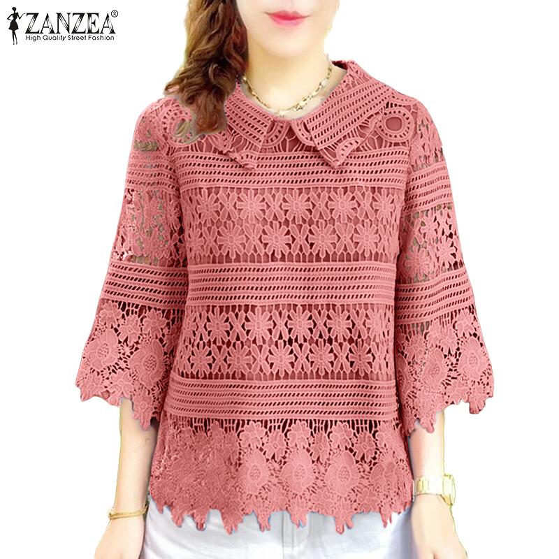 ZANZEA Womens Summer Casual 3/4 Sleeve Patchwork Embroidered Lace Blouse