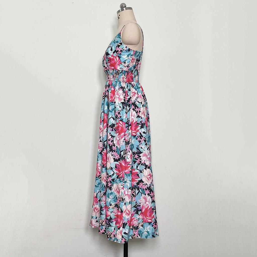 Women's Summer Ethnic Printed Sleeveless High Waist A Line Lace Up Dress