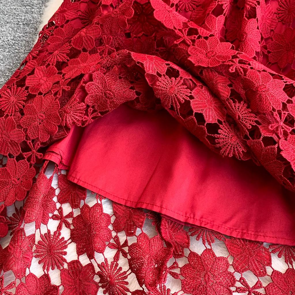 Summer Formal Evening Dress Women Hollow Out Crochet Lace Embroidery Party Long Dresses Female Short Sleeve Midi Dress
