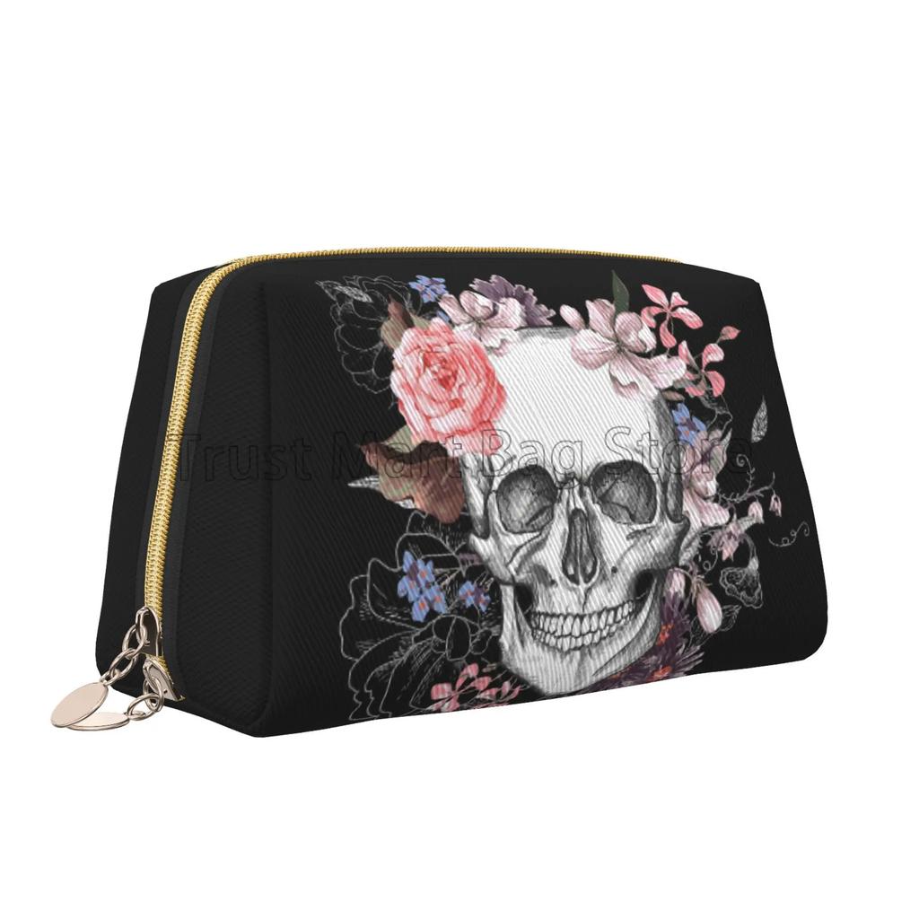 Vintage Grunge Gothic Skull Roses Floral Print Large Travel Makeup Bag Pouch Women Cosmetic Bags Leather Waterproof Toiletry Bag