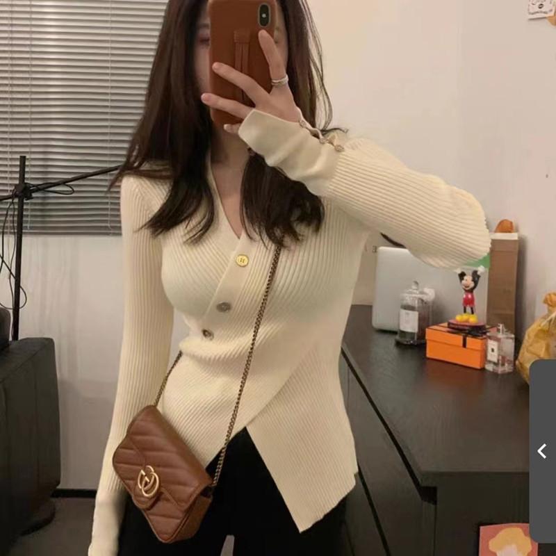 Irregular Design Sense of Women's Long-sleeved Pullover Sweater, Autumn and Winter High-end Sense of Slim Slimming V-neck Sweater Top 2424#