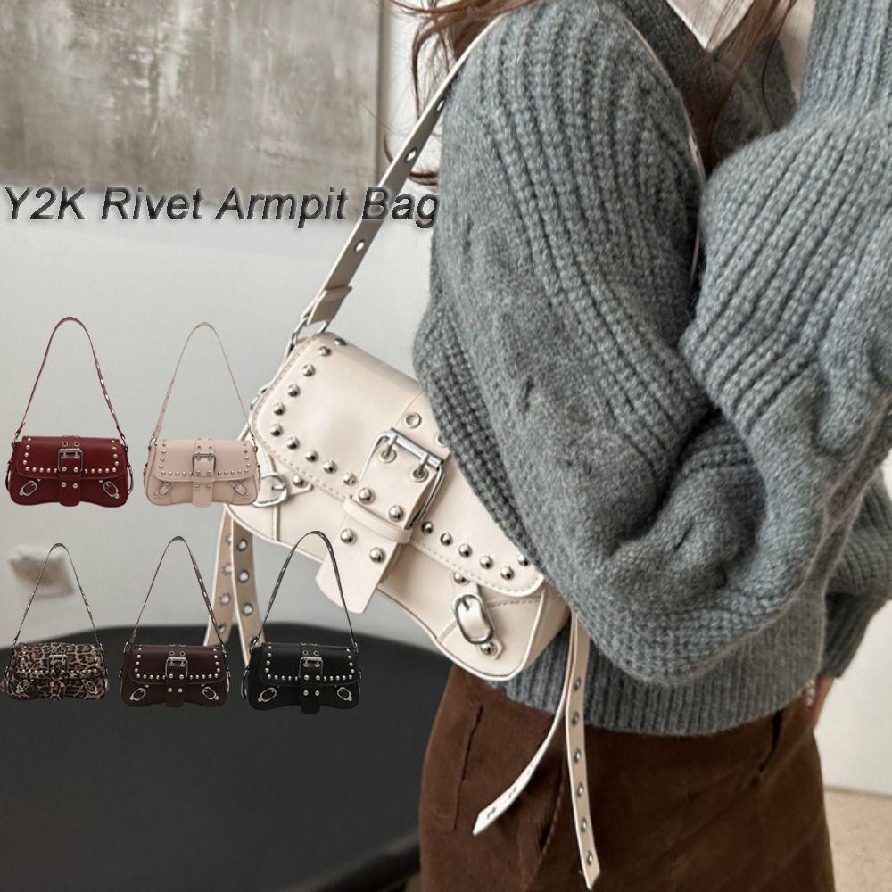 

Sweet Cool Rivet Shoulder Bag Punk Style Underarm Bag Trendy Tote Bag Outing кавовий