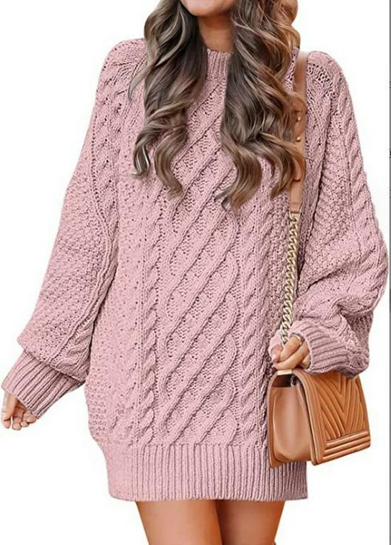 European & American Women's Oversized Cable Knit Sweater Dress - Round Neck, Long Sleeve, Mid-Length, Warm