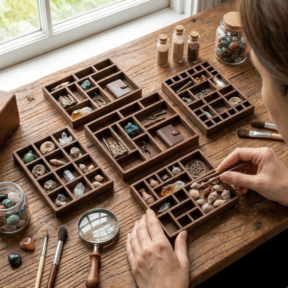 Mini Schmuckhalter aus Holz, Mehrere Fächer, Aufbewahrung für Mineralienproben, Miniatur Schmuckregal, Miniaturkristall
