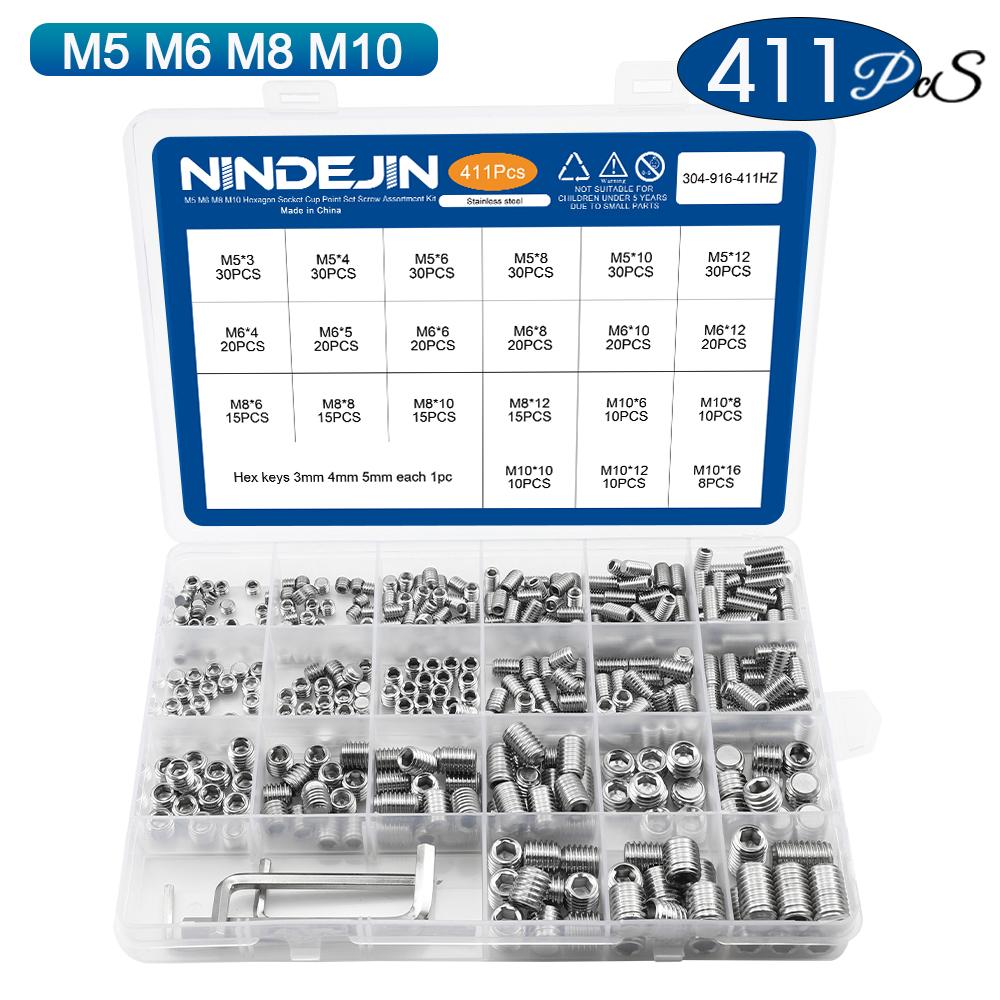 NINDEJIN Hex Socket Set Screw Kit Cup Point Carbon Steel Stainless Steel Flat Point Headless Grub Screw Assortment Kit