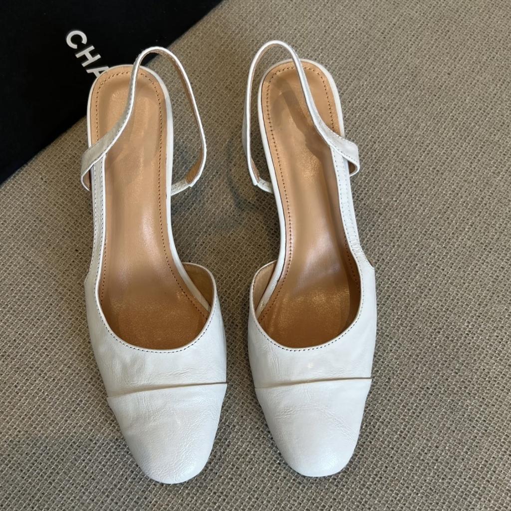 Sheepskin Version~ French Retro Literary and Artistic Style One-pedal High-heeled Sandals Women's Round Head Back Strap Leather Toe Shoes