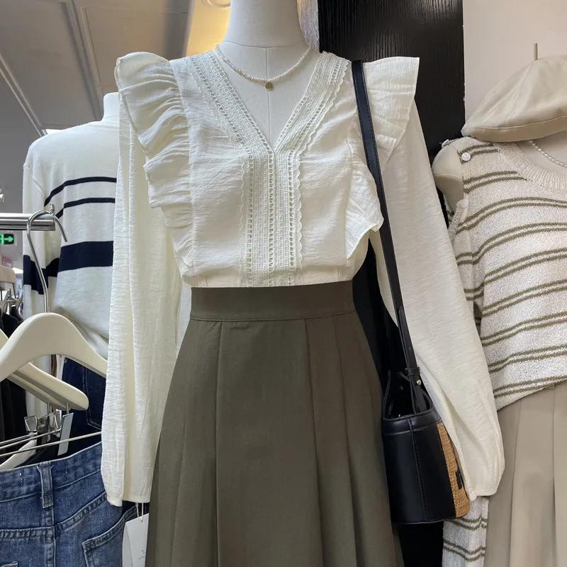 

Women s White Ruffle Trim Blouse V-neck Long Sleeve Casual Lace Insert Top S абрикосовий