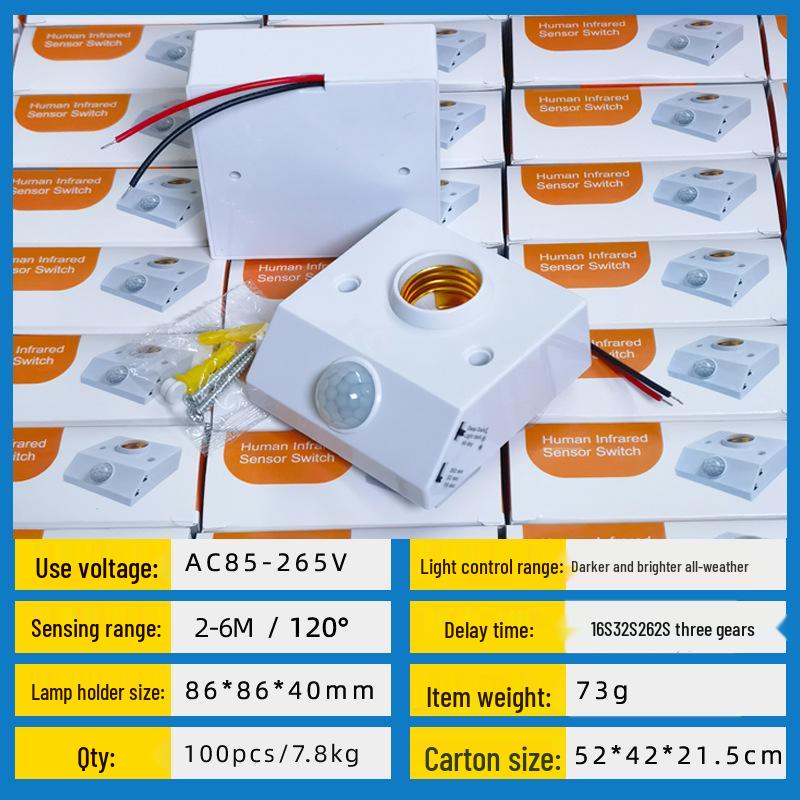 Infrared Motion Sensor E27 Lamp Holder with Sound and Light Control for 86 Type Corridors, Intelligent Delay, Surface Mount