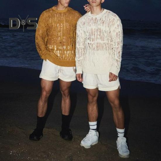 Pánské topy s kulatým výstřihem, s dlouhým rukávem, pletené tričko, pánské oblečení, retro, duté, síťované pletené topy, jarní streetové oblečení