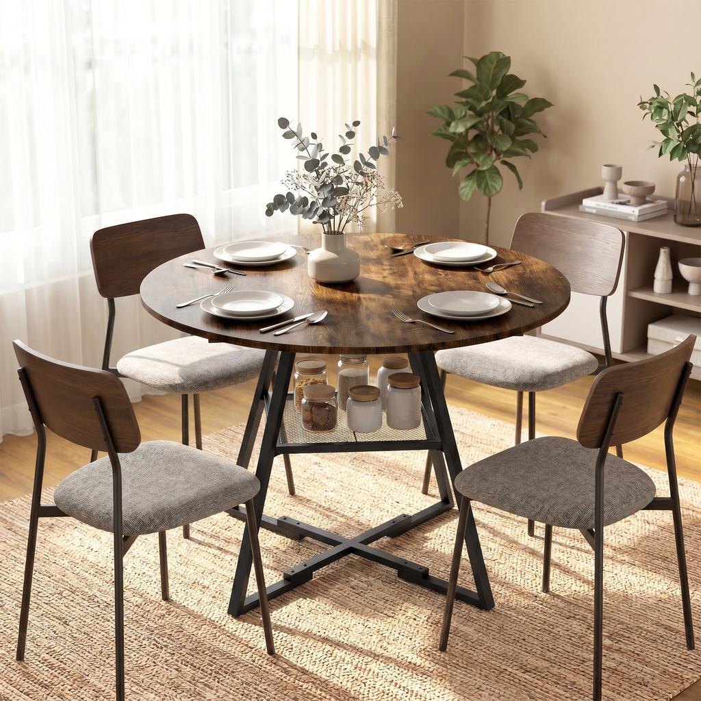 Round Dining Table for 4, 100 X 76 Cm, Shelf, Rustic Brown