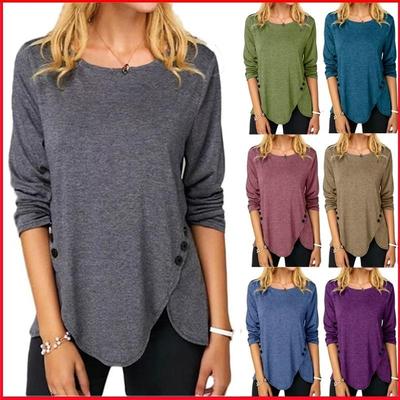 Pulsante O Collo Tunica a maniche lunghe T-shirt Abbigliamento donna Tinta unita Allentato Casaul Pullover lunghi irregolari Top Tee Shirt Femme