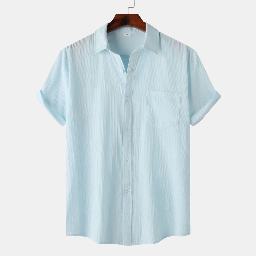 2025 Summer European & American Men's Waffle Short Sleeve Solid Color Casual Shirt