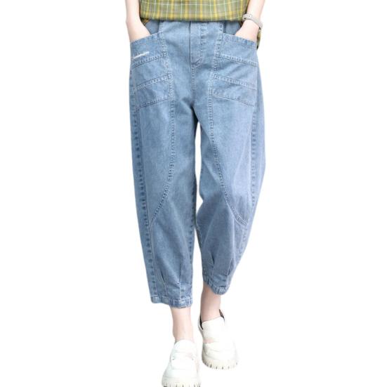 

Mid-Rise Elastic Waistband Pockets Wide Leg Embroidery Letter Print Cropped Pants Woman Mid-calf Sports Harem Jeans XL синій