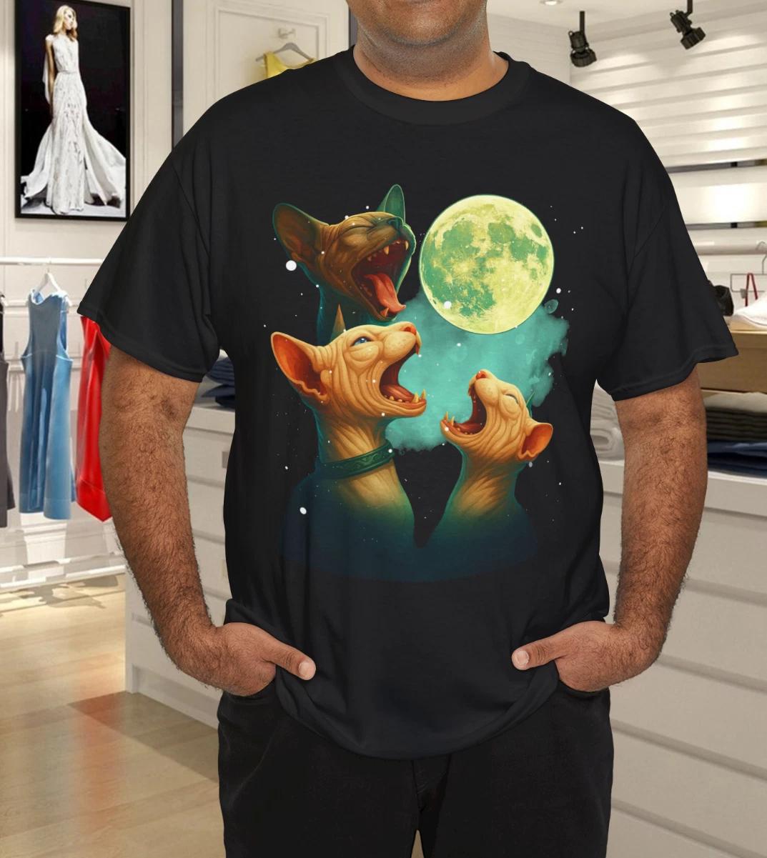 

Three Hairless Sphynx Cats Howl At Moon 3 Wolfs Funny Parody T-Shirt 4XL