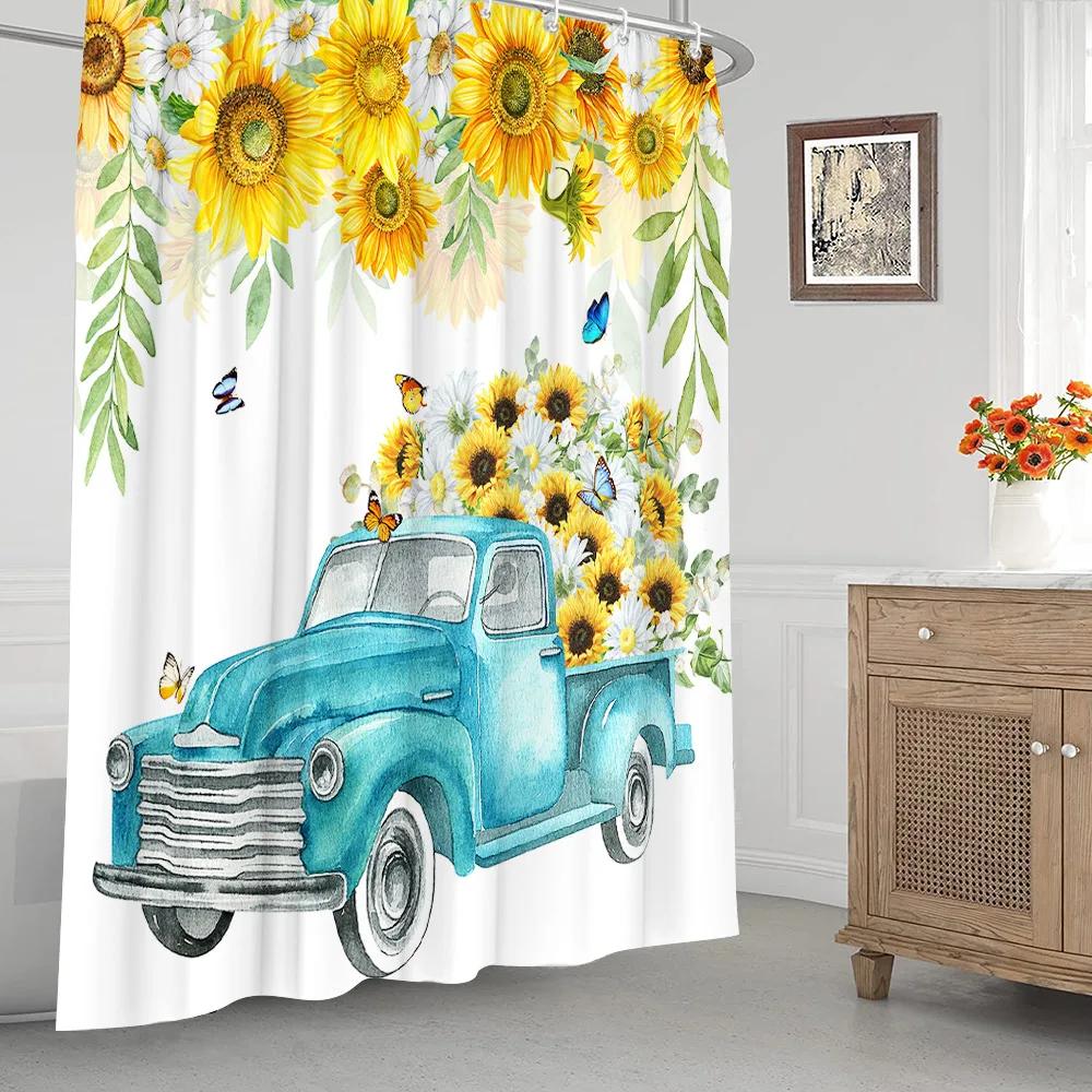 Autumn Shower Curtain Set Maple Leaf Pumpkin Farm Blue Truck Sunflower Thanksgiving Shower Curtain for Bathroom Decor Fabric