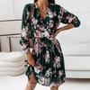 Pleated Flowy Hem Midi Dress Floral Print Sweet Elastic Waist V-Neck Casual Dress