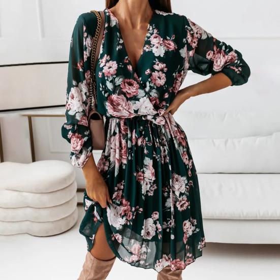 Pleated Flowy Hem Midi Dress Floral Print Sweet Elastic Waist V-Neck Casual Dress