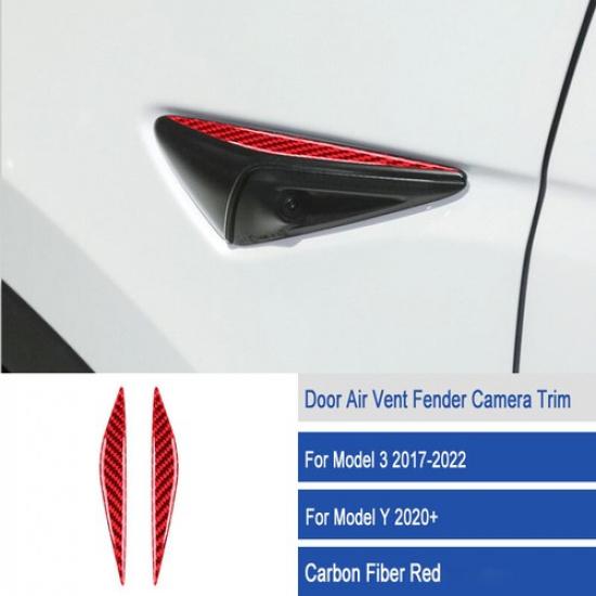 2pcs Red Carbon Fiber Car Side Fender Camera Panel Strip For Model 3 Y 2017-