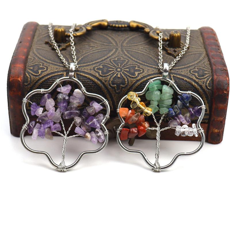 Silver Winding Flower Tree Of Life Necklace Gravel Crystal Pendant N72