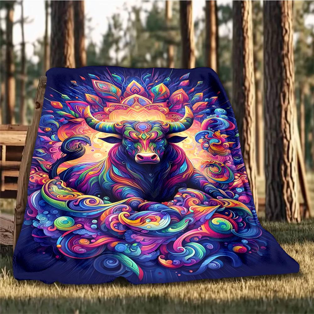 1pc Bull Artwork Throw Blanket Polyester Fiber, Lightweight Flannel, Soft & Warm, All Season Use for Outdoor, Camping Digital Print