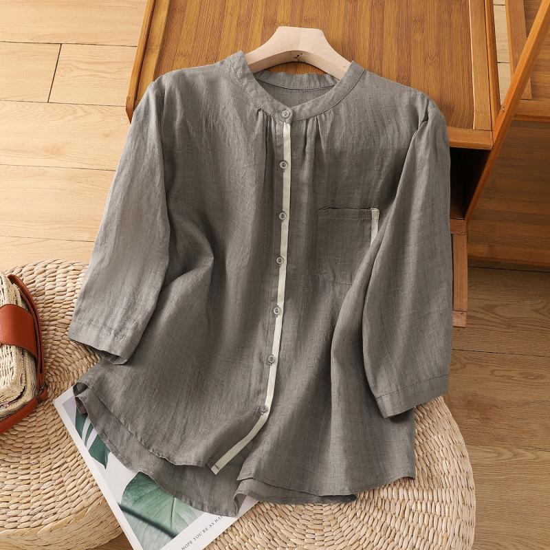 2025 Summer Women s Loose Woven Stand Collar Flutter Sleeve Shirt L серый
