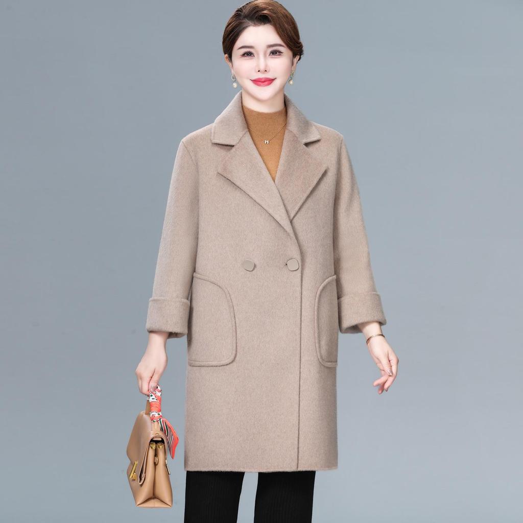 Mom's Stylish Mid-Length Double-Faced Cashmere Wool Coat for Autumn & Winter - High-End, Loose Fit for Middle-Aged Women