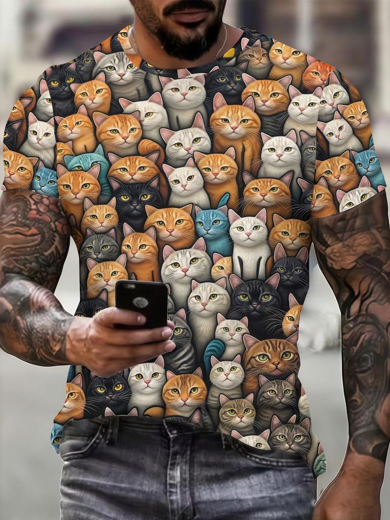 T-shirt Vintage da Uomo con Stampa di Gatti - Manica Corta Girocollo a Corpo Intero Top Casual con Design Felino Retrò, Lavabile in Lavatrice Adatto per Abbigliamento Casual,