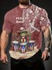Puerto Rico Frog Drummer 3D Print Men's Casual Round Neck T-Shirt – Summer Outdoor Wear, Breathable & Comfortable for Running, Gym, or Gift Ideas,