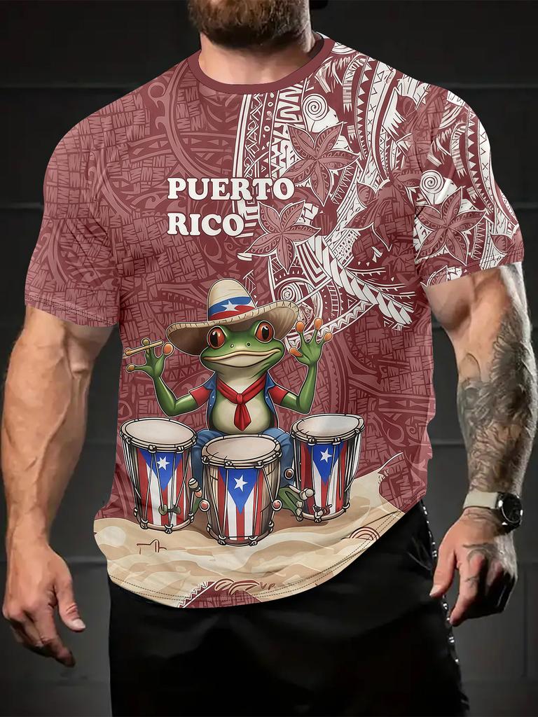 Puerto Rico Frog Drummer 3D Print Men's Casual Round Neck T-Shirt – Summer Outdoor Wear, Breathable & Comfortable for Running, Gym, or Gift Ideas,
