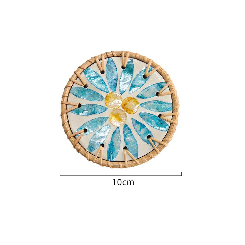 Rattan Shell Coaster Ceramic Heatproof Tea Mat Handwoven Shell Table Mat Decorative Round Coaster Nordic Style