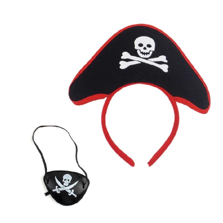 Pirate Hair Hoop Hat EyePatch Kerchief Set for Halloween, Ship themed Parties