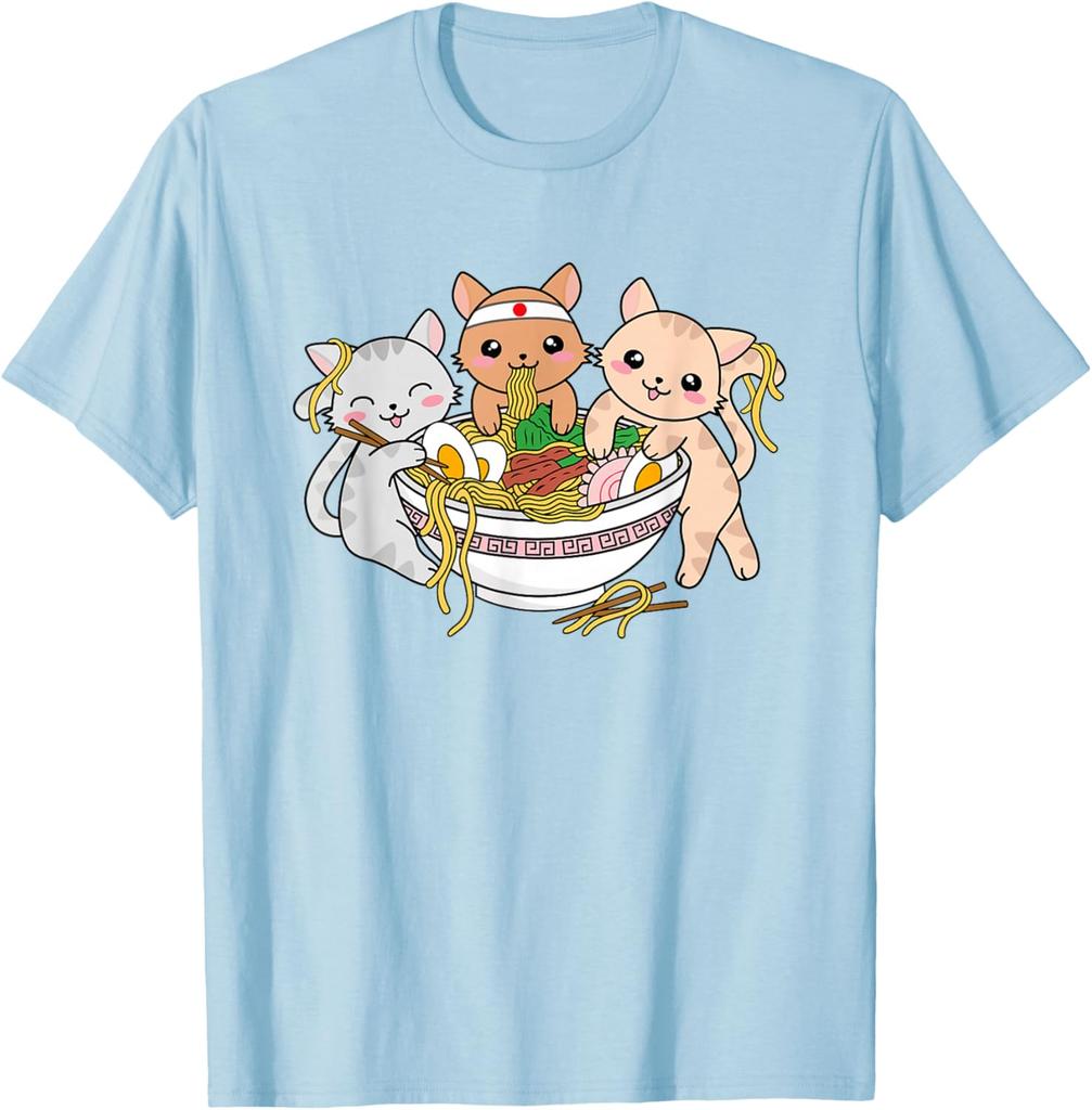 Cute Kawaii Cats Eating Ramen Japanese Noodle Graphic Tee Soft Cotton T-Shirt