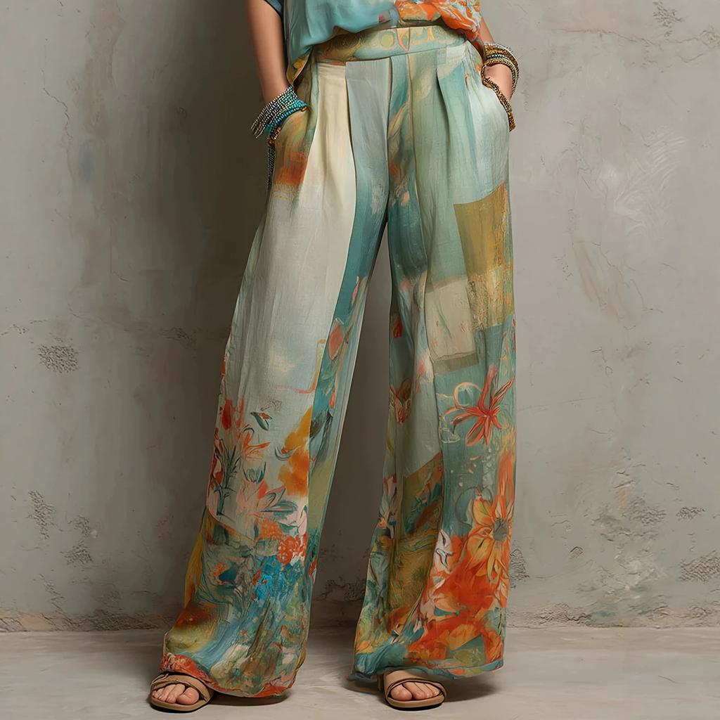 Womens V Neck Floral Print Tie Waist Wide Leg Pants Set