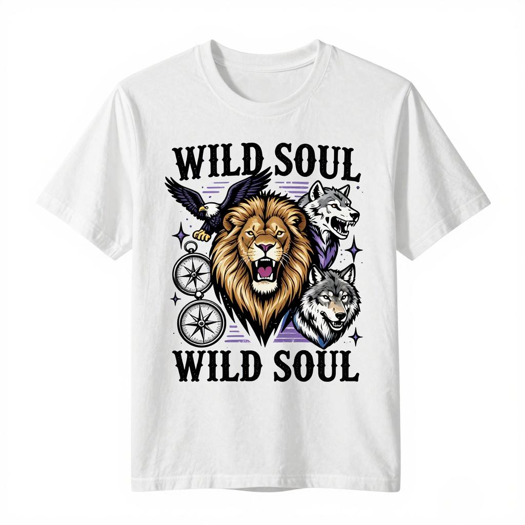 Wild Soul Lion Wolf Eagle Compass Wildlife Print TShirt Unisex Unisex Vintage Animal Graphic Casual Cotton Tee Short Sleeve Tops