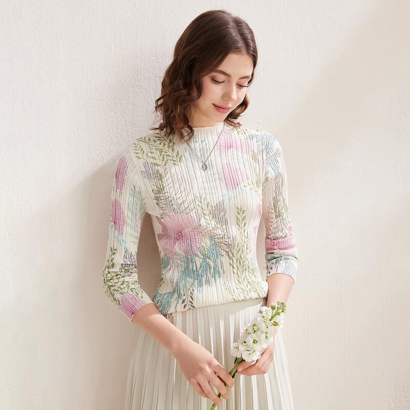 Zhaojun 2026 Spring/Summer Silk Blend Floral Knit Long Sleeve Slim T-Shirt