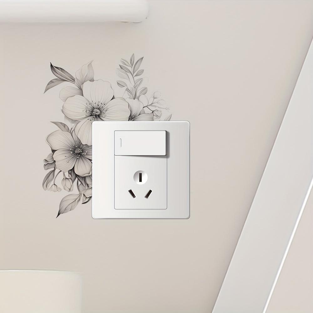 Classic Floral Wall Decal for Light Switch and Outlet, Black and White Flower and Leaf Pattern, Plastic Self-Adhesive Overlay for Home Decor
