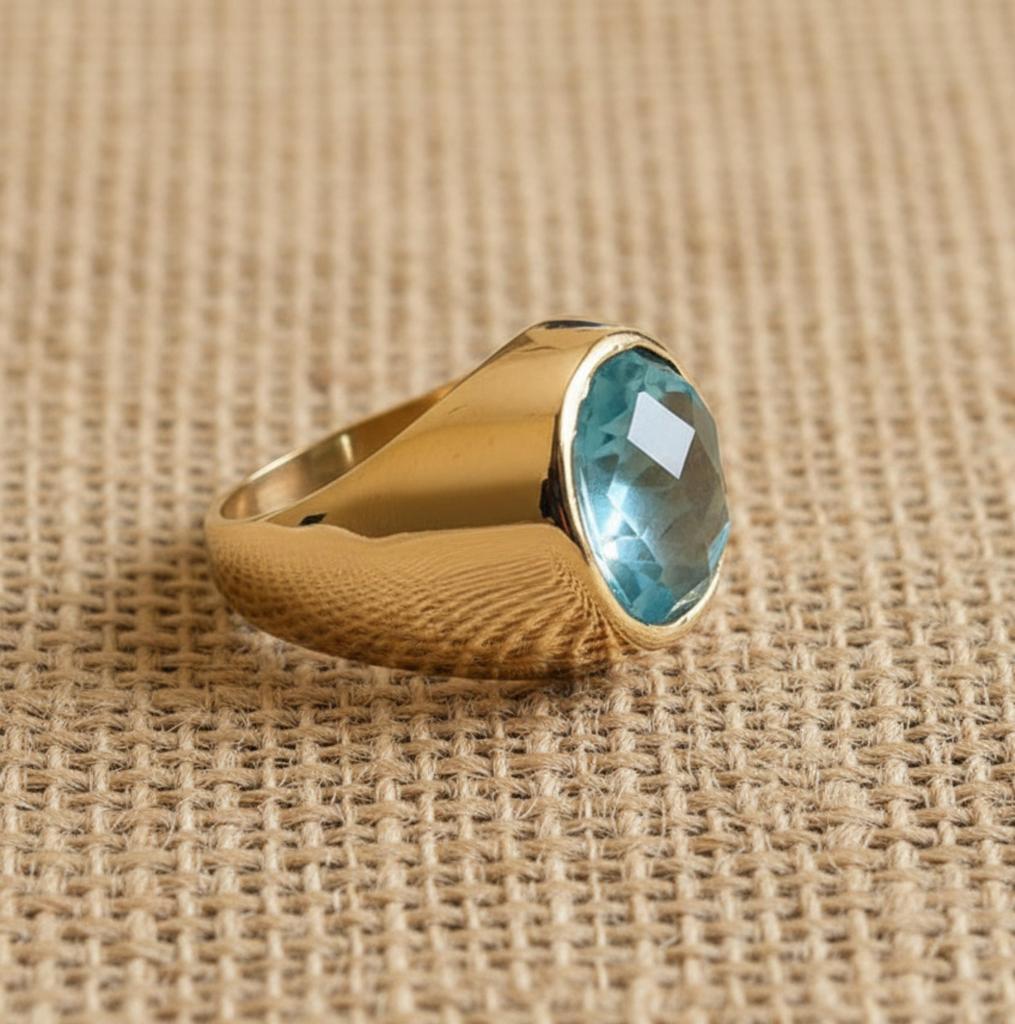 Aquamarine Signet Ring, 925 Solid Sterling Silver, Round Brilliant Gemstone Ring, Unisex Bold Ring, Handmade Jewerlry