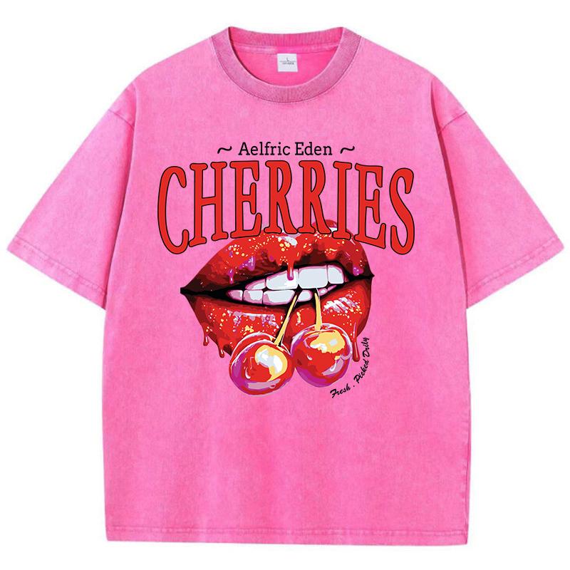 Casual Womens Acid Wash T-Shirts Cherries On The Lips Printing Tees Distressed Oversize Short Sleeve Trend Female Clothes