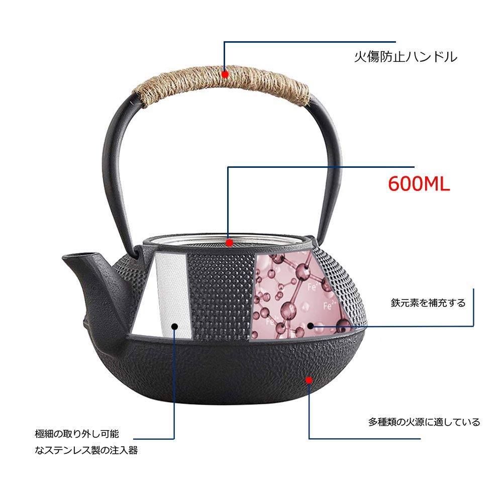 HwaGui South Iron Kettle, Ironware, Teapot, IH Compatible, Direct Heat, Iron Teapot, 600ml